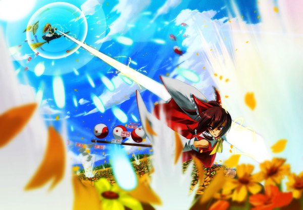 Anime picture 1800x1251 with touhou hakurei reimu kirisame marisa din (artist) long hair highres blonde hair red eyes brown hair multiple girls sky cloud (clouds) looking back magic battle girl flower (flowers) bow 2 girls hair bow