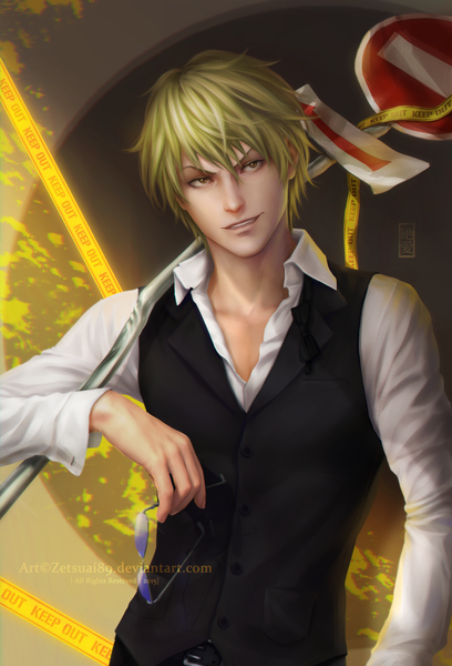 Anime picture 800x1176 with durarara!! brains base (studio) heiwajima shizuo zetsuai89 single tall image short hair blonde hair brown eyes signed realistic open collar boy glasses vest traffic sign caution tape