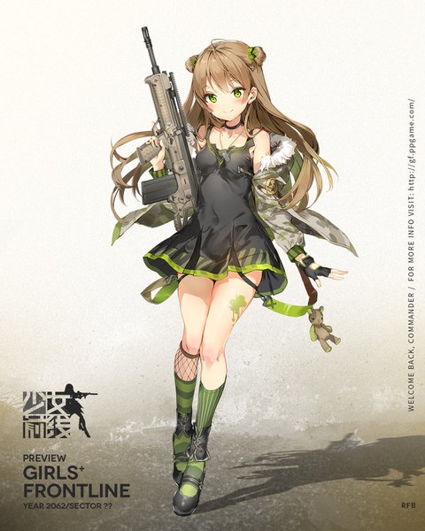 Anime picture 1200x1500 with girls frontline rfb (girls frontline) anmi single long hair tall image looking at viewer blush fringe smile hair between eyes brown hair white background bare shoulders green eyes ahoge bent knee (knees) arm up official art shadow