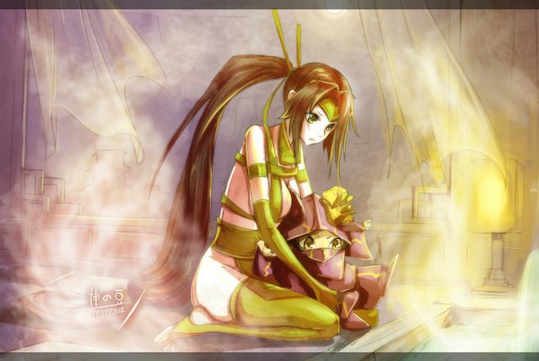 Anime picture 1000x671 with league of legends akali (league of legends) kennen (league of legends) beanbean1988 brown hair signed yellow eyes ponytail very long hair girl thighhighs boy gloves elbow gloves ninja
