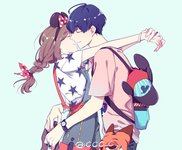 Anime picture 956x788 with a3! tachibana izumi (a3!) tsukioka tsumugi c (ccc_c_) long hair fringe short hair simple background hair between eyes brown hair standing holding signed animal ears ahoge eyes closed couple twitter username fake animal ears polka dot