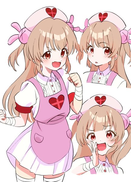 Anime picture 2501x3472 with virtual youtuber sana channel natori sana bazz000033 single long hair tall image blush highres open mouth simple background blonde hair red eyes white background :d fang (fangs) two side up multiview nurse heart print