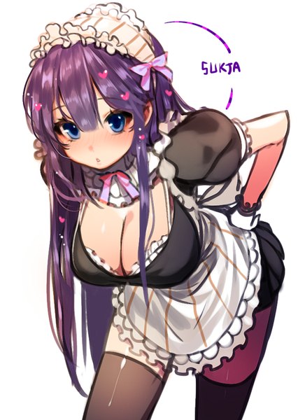 Anime picture 700x985 with original sorolp single long hair tall image looking at viewer blush fringe breasts blue eyes light erotic simple background large breasts standing white background signed purple hair maid leaning leaning forward