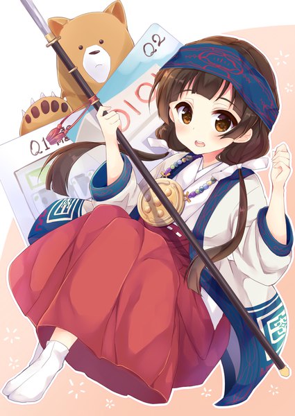 Anime picture 1000x1412 with kumamiko amayadori machi natsu (kumamiko) momoirone long hair tall image blush brown hair twintails brown eyes traditional clothes japanese clothes low twintails miko ainu clothes girl weapon animal socks hairband