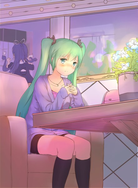 Anime picture 1293x1753 with vocaloid hatsune miku tagme (character) zhayin-san long hair tall image looking at viewer blush sitting twintails multiple girls green eyes blue hair indoors green hair sleeves past wrists angry interlocked fingers food print girl