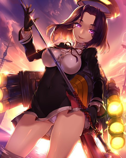 Anime picture 800x1000 with kantai collection tenryuu light cruiser suika01 single tall image looking at viewer short hair breasts light erotic large breasts purple hair pink eyes light smile pantyshot evening sunset backlighting girl gloves underwear