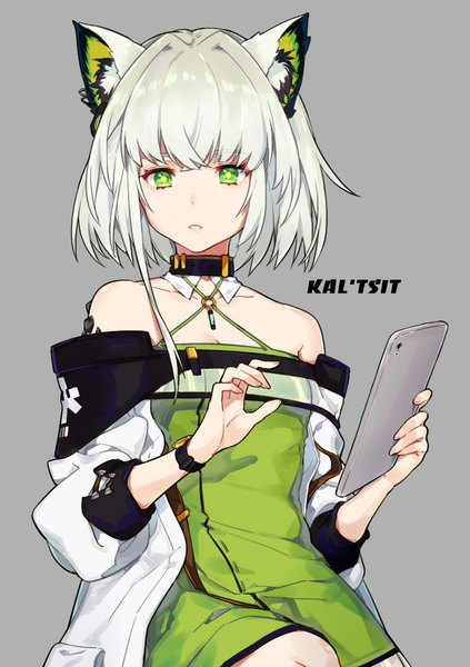 Anime picture 757x1074 with arknights kal'tsit (arknights) anchun (quail0503) single tall image fringe short hair simple background hair between eyes green eyes animal ears silver hair grey background character names girl dress green dress tablet pc