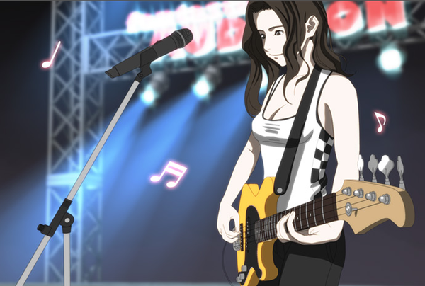 Anime picture 1000x674 with song of the cloud min seo single long hair black hair bare shoulders black eyes inscription girl microphone guitar musical note scene bass guitar