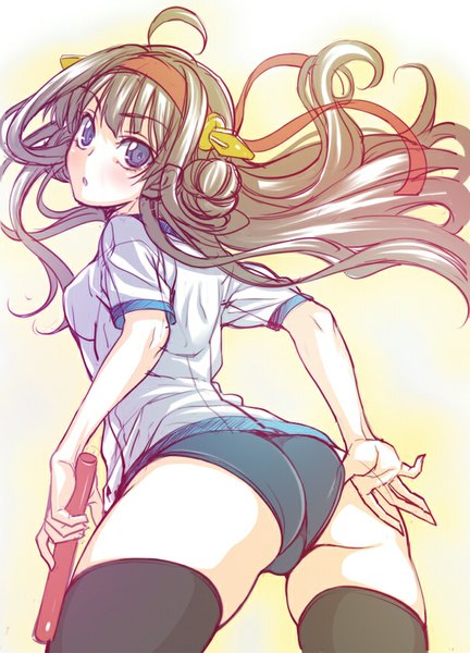 Anime picture 630x875 with kantai collection kongou battleship uousa single long hair tall image looking at viewer fringe blue eyes light erotic simple background brown hair standing ahoge ass looking back from behind hair bun (hair buns) alternate costume adjusting clothes