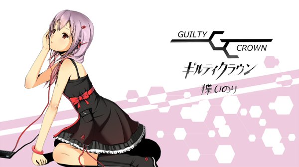 Anime picture 1374x768 with guilty crown production i.g yuzuriha inori single long hair red eyes wide image sitting bare shoulders pink hair inscription girl hair ornament boots bracelet hairclip headphones sundress digital media player