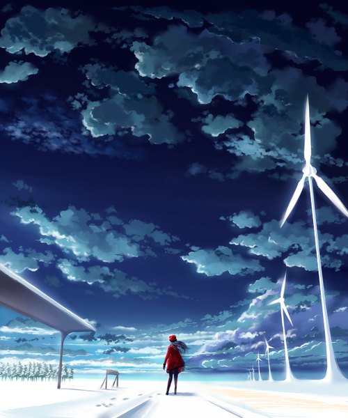 Anime picture 1200x1440 with original michairu single long hair tall image standing sky purple hair cloud (clouds) wind back winter snow girl plant (plants) hat pantyhose tree (trees) coat windmill