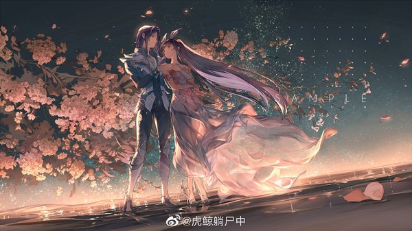 Anime picture 1921x1080 with douluo continent xiao wu tang san hu jing tang shi zhong fringe highres short hair blue eyes black hair wide image standing bare shoulders brown eyes signed animal ears payot blue hair full body outdoors ponytail