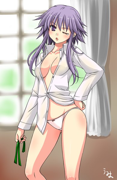 Anime picture 1300x2000 with touhou izayoi sakuya lkakeu (artist) single long hair tall image highres breasts open mouth light erotic purple eyes purple hair one eye closed wink open clothes open shirt girl underwear panties