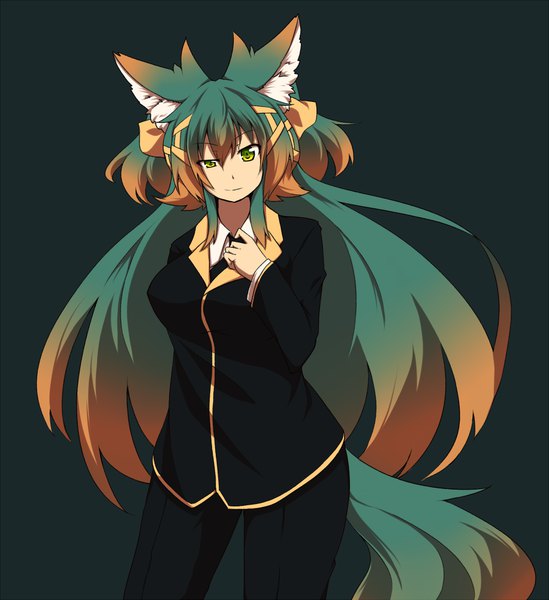 Anime picture 916x1000 with original kuromiya raika kuromiya single long hair tall image fringe breasts simple background hair between eyes brown hair standing green eyes animal ears payot tail animal tail multicolored hair green hair two-tone hair