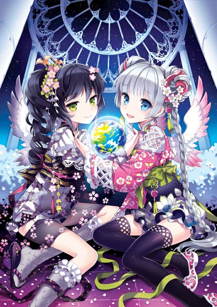 Anime picture 708x1000 with original nardack long hair tall image looking at viewer open mouth blue eyes black hair multiple girls green eyes white hair braid (braids) hair flower drill hair girl thighhighs dress hair ornament flower (flowers) ribbon (ribbons)