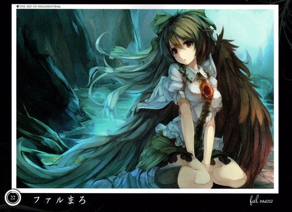 Anime picture 5897x4290 with touhou reiuji utsuho fal maro single long hair looking at viewer highres breasts open mouth red eyes brown hair sitting absurdres scan short sleeves text border black wings rock girl