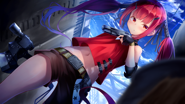 Anime picture 2107x1185 with girls frontline cz-75 (girls frontline) kinome noi knoy3356 single long hair looking at viewer blush highres red eyes wide image twintails bare shoulders holding payot blue hair red hair from below midriff dutch angle