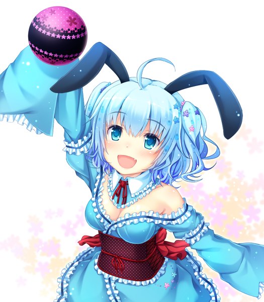 Anime picture 1400x1600 with momoiro taisen pairon namaru (summer dandy) tall image blush short hair open mouth blue eyes simple background white background animal ears blue hair ahoge bunny ears looking up girl dress frills