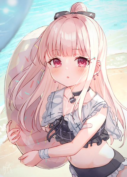 Anime picture 1290x1804 with original tsukiman single long hair tall image looking at viewer blush fringe open mouth red eyes standing holding pink hair outdoors blunt bangs :o hair bun (hair buns) loli beach piercing