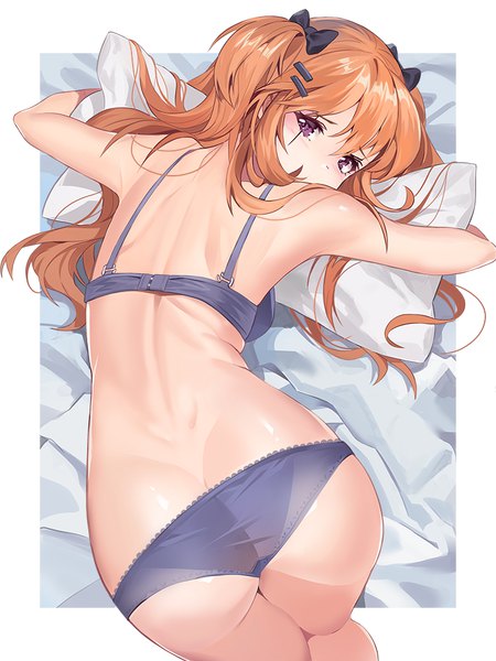 Anime picture 750x1000 with girls frontline ump9 (girls frontline) damda single long hair tall image looking at viewer blush fringe breasts light erotic hair between eyes purple eyes ass looking back from behind orange hair two side up underwear only back