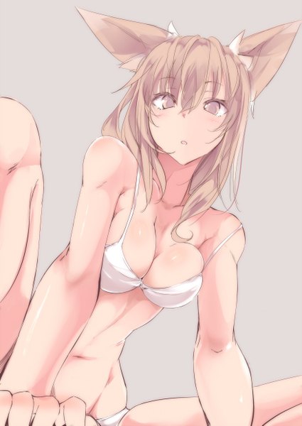 Anime picture 877x1239 with original touma raito single long hair tall image looking at viewer blush breasts open mouth light erotic simple background blonde hair large breasts sitting brown eyes animal ears grey background girl swimsuit bikini