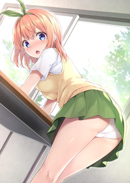 Anime picture 752x1062 with go-toubun no hanayome nakano yotsuba karutamo single tall image looking at viewer blush fringe short hair breasts open mouth blue eyes light erotic hair between eyes standing indoors pleated skirt looking back orange hair from below