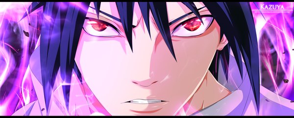 Anime picture 3000x1211 with naruto studio pierrot naruto (series) uchiha sasuke kazuyag12 single highres short hair black hair red eyes wide image coloring magic close-up face sharingan boy