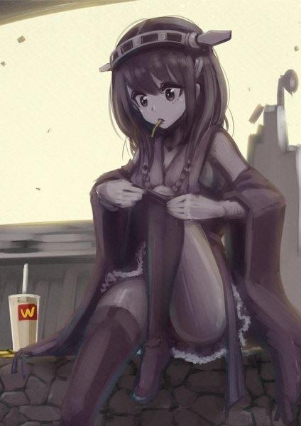 Anime picture 1000x1414 with kantai collection haruna battleship pecolondon single long hair tall image fringe light erotic sitting holding bent knee (knees) traditional clothes wide sleeves thighs mouth hold looking down monochrome surprised nontraditional miko dressing