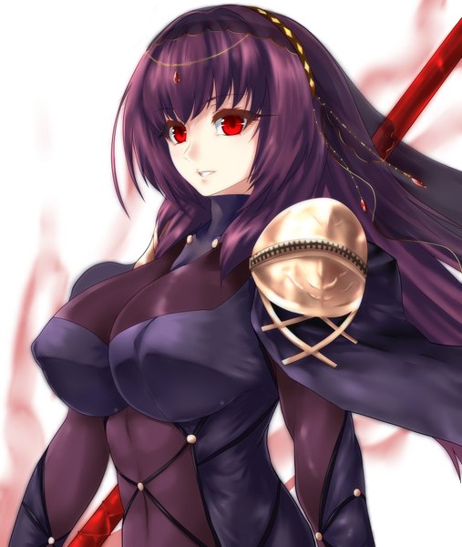 Anime picture 3476x4108 with fate (series) fate/grand order type-moon scathach (fate) (all) scathach (fate) n r r r single long hair tall image looking at viewer fringe highres breasts light erotic simple background smile red eyes white background absurdres purple hair