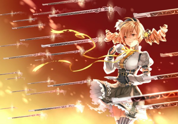 Anime picture 1047x732 with mahou shoujo madoka magica shaft (studio) tomoe mami newrein (artist) single long hair yellow eyes orange hair drill hair girl ribbon (ribbons) weapon fingerless gloves gun cup rifle musket