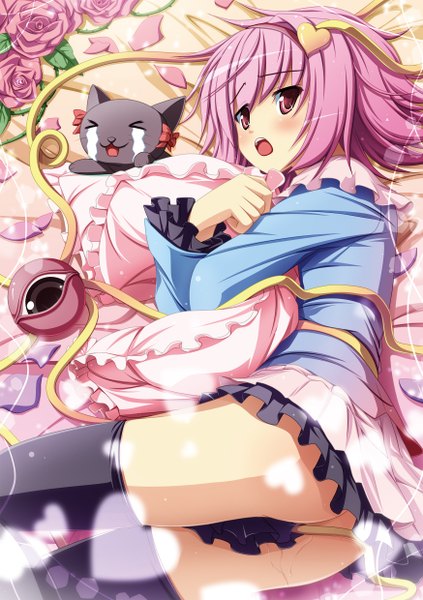 Anime picture 1748x2480 with touhou komeiji satori akashio (loli ace) tall image highres short hair open mouth light erotic red eyes pink hair hug tears crying girl flower (flowers) petals pillow cat