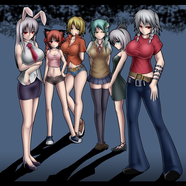 Anime picture 1200x1200 with touhou izayoi sakuya konpaku youmu kochiya sanae reisen udongein inaba kaenbyou rin toramaru shou harumi (harumix) long hair short hair blue eyes blonde hair red eyes multiple girls animal ears yellow eyes red hair braid (braids) green hair grey hair