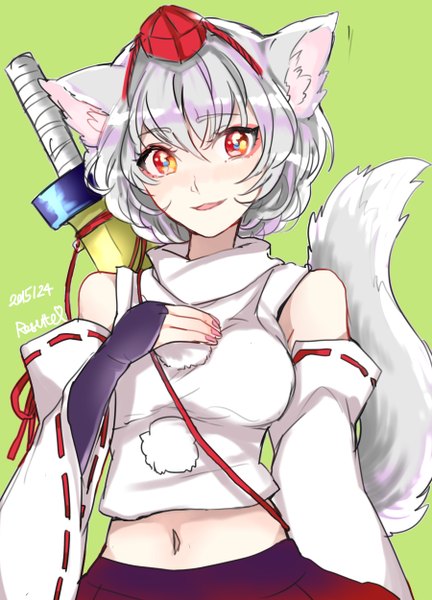 Anime picture 900x1250 with touhou inubashiri momiji rosette (roze-ko) single tall image looking at viewer blush short hair breasts red eyes animal ears tail animal tail fingernails grey hair wide sleeves bare belly hand on chest wolf ears green background