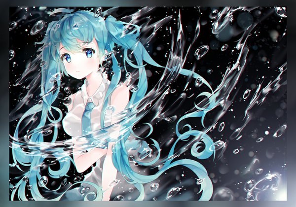 Anime picture 800x560 with vocaloid hatsune miku li.b (liebenib) single looking at viewer blush fringe breasts blue eyes twintails bare shoulders blue hair upper body ahoge very long hair sleeveless gradient background wet clothes messy hair wet shirt