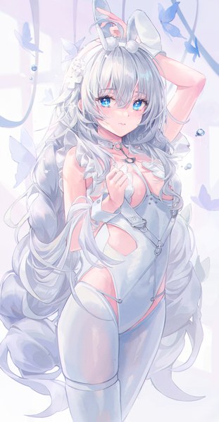 Anime picture 1407x2714 with azur lane le malin (azur lane) le malin (listless lapin) (azur lane) lujang (fudge) single long hair tall image looking at viewer blush fringe breasts blue eyes light erotic hair between eyes standing animal ears silver hair ahoge braid (braids) arm up