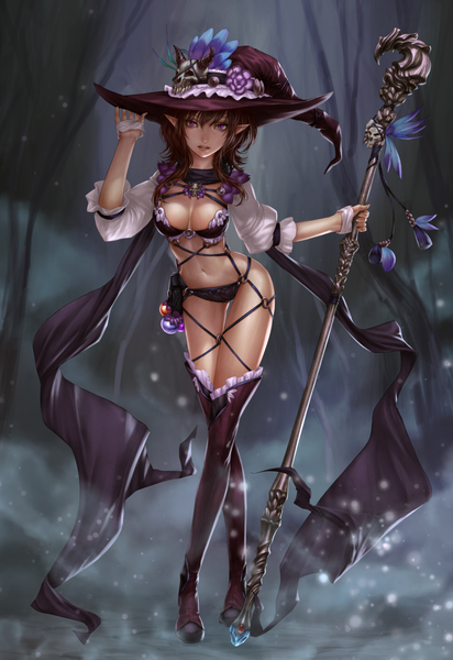 Anime picture 860x1250 with original ml.e single long hair tall image looking at viewer breasts light erotic brown hair purple eyes pointy ears girl thighhighs navel underwear panties black thighhighs hat lingerie bra