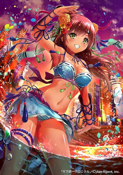 Anime picture 800x1131 with tenkuu no crystalia sakiyamama single long hair tall image looking at viewer blush fringe breasts light erotic smile brown hair large breasts standing bare shoulders green eyes sky cleavage cloud (clouds) outdoors