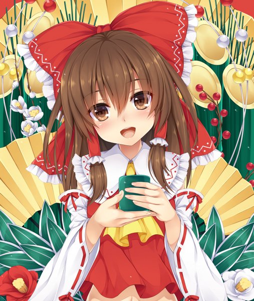 Anime picture 1321x1562 with touhou hakurei reimu kitou kaitai single long hair tall image looking at viewer blush open mouth brown hair brown eyes girl flower (flowers) bow hair bow detached sleeves