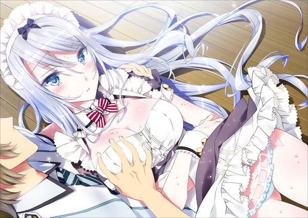 Anime picture 1024x725 with friends (game) long hair blush blue eyes light erotic game cg silver hair maid breast grab girl underwear panties headdress maid headdress