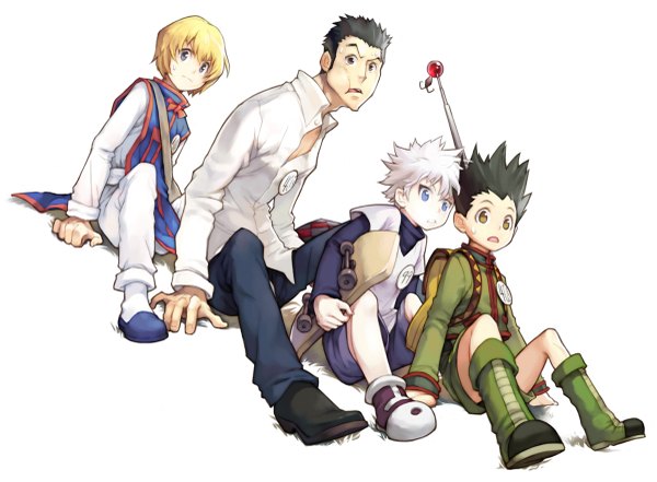 Anime picture 1200x883 with hunter x hunter killua zaoldyeck kurapica gon freaks leorio paladiknight comet (teamon) looking at viewer short hair blue eyes black hair simple background blonde hair white background sitting brown eyes multiple boys partially open clothes boy shirt thigh boots