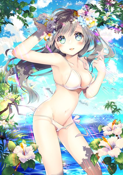 Anime picture 1447x2047 with original moe2018 matoki misa single long hair tall image looking at viewer blush breasts blue eyes light erotic large breasts standing sky cloud (clouds) hair flower wind grey hair sunlight sparkle