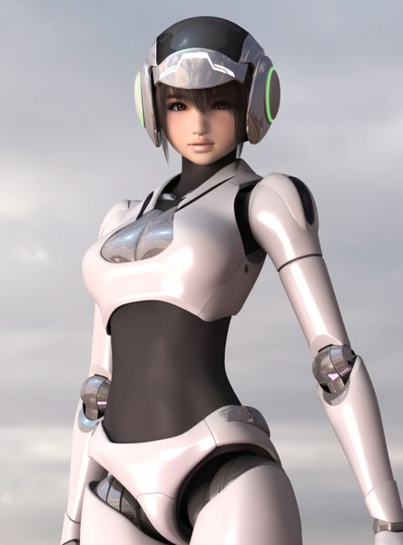 イラスト 1000x1350 と オリジナル hinemaru 長身像 カメラ目線 短い髪 茶色の髪 茶目 realistic 3d 女の子 スーツ ヘルメット ロボット