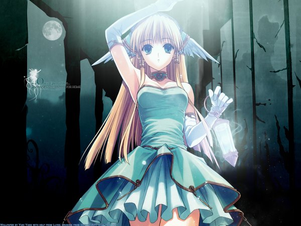 Anime picture 1600x1200 with seiken densetsu seiken densetsu 3 riesz suzuhira hiro long hair fringe blue eyes blonde hair standing bare shoulders holding indoors arm up inscription wallpaper light glow crack gloom abandoned