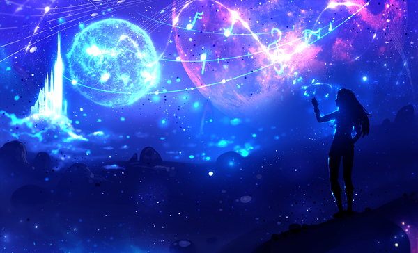 Anime picture 1590x966 with original ryky single long hair wide image standing looking away full body arm up night sparkle night sky lens flare glowing silhouette girl moon pants full moon musical note