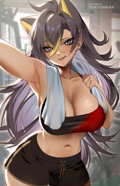 Anime picture 3850x5950 with genshin impact dehya (genshin impact) tofuubear single long hair tall image looking at viewer blush highres breasts blue eyes light erotic black hair large breasts standing signed animal ears absurdres cleavage ahoge