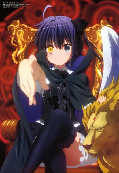 Anime picture 4090x5937 with chuunibyou demo koi ga shitai! kyoto animation megami magazine takanashi rikka single tall image looking at viewer highres short hair blue hair absurdres ahoge official art heterochromia one side up crossed legs girl thighhighs dress ribbon (ribbons)