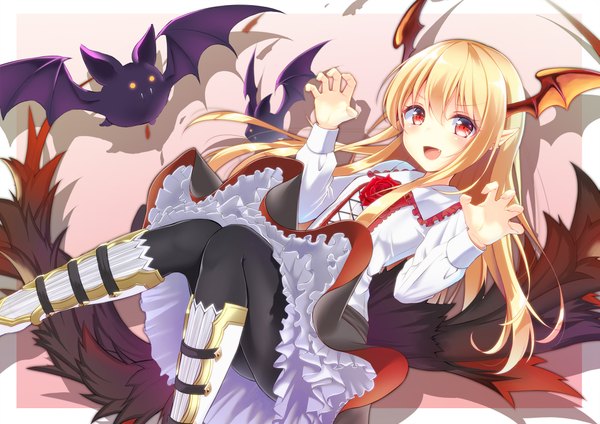 Anime picture 2105x1488 with granblue fantasy vampy mirea single long hair looking at viewer blush fringe highres open mouth simple background blonde hair smile hair between eyes red eyes payot bent knee (knees) tail :d animal tail