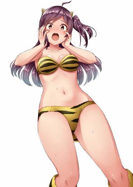 Anime picture 856x1200 with kantai collection hagikaze (kantai collection) kamelie single long hair tall image looking at viewer blush fringe breasts open mouth light erotic simple background standing white background purple eyes cleavage purple hair ahoge horn (horns)