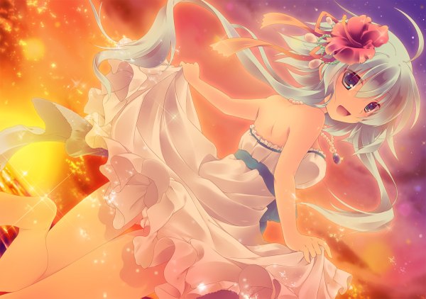 Anime picture 1200x845 with original millcutto single long hair open mouth blue eyes light erotic bare shoulders blue hair sky cloud (clouds) looking back hair flower pantyshot evening sunset girl dress hair ornament underwear