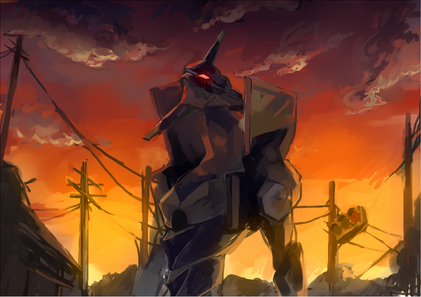 Anime picture 1406x992 with neon genesis evangelion rebuild of evangelion evangelion: 2.0 you can (not) advance end of evangelion gainax eva 01 single red eyes standing sky cloud (clouds) evening sunset looking up giant armor robot mecha power lines traffic lights
